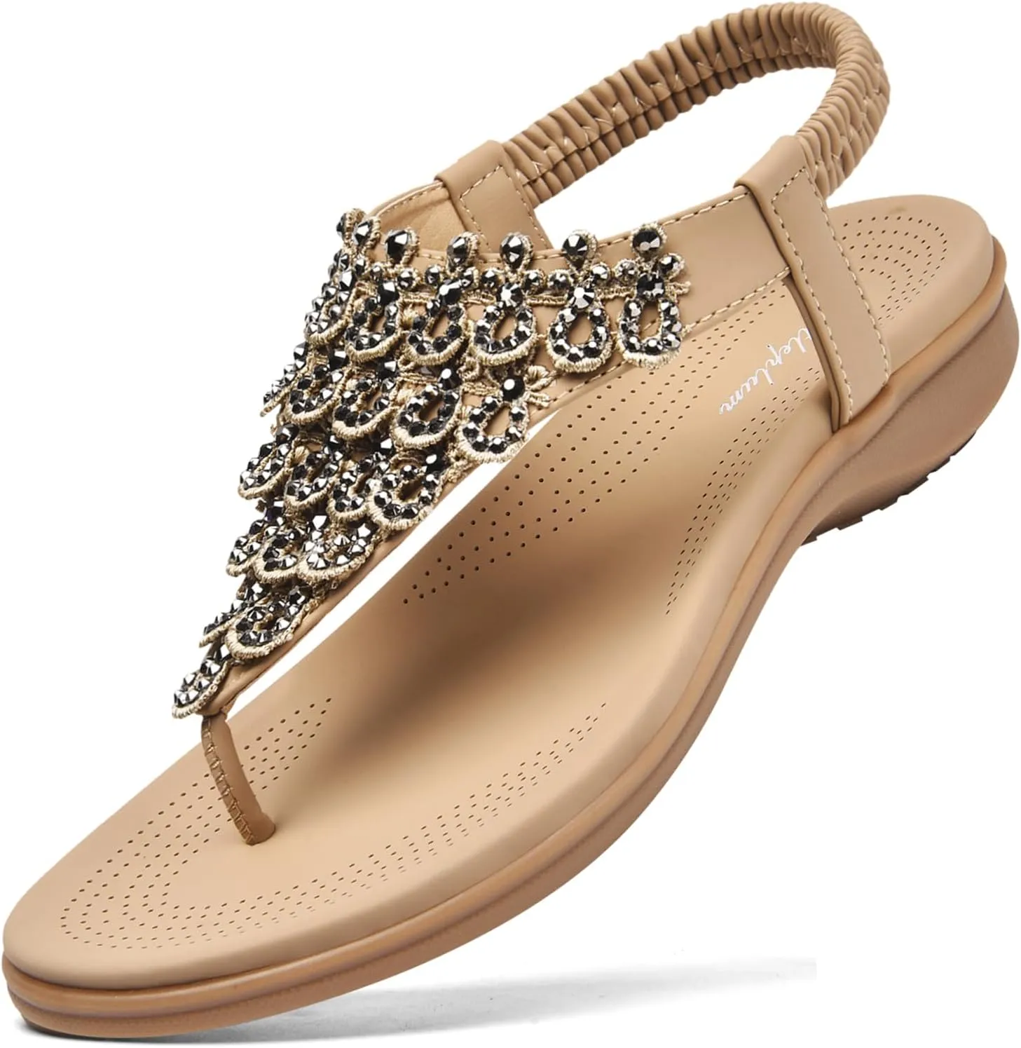 Littleplum Womens Sandals Arch Support Slingback Rhinestone Dressy Sandals Comfort Summer Shoes Ankle Strap Elastic Flats for Beach Walking