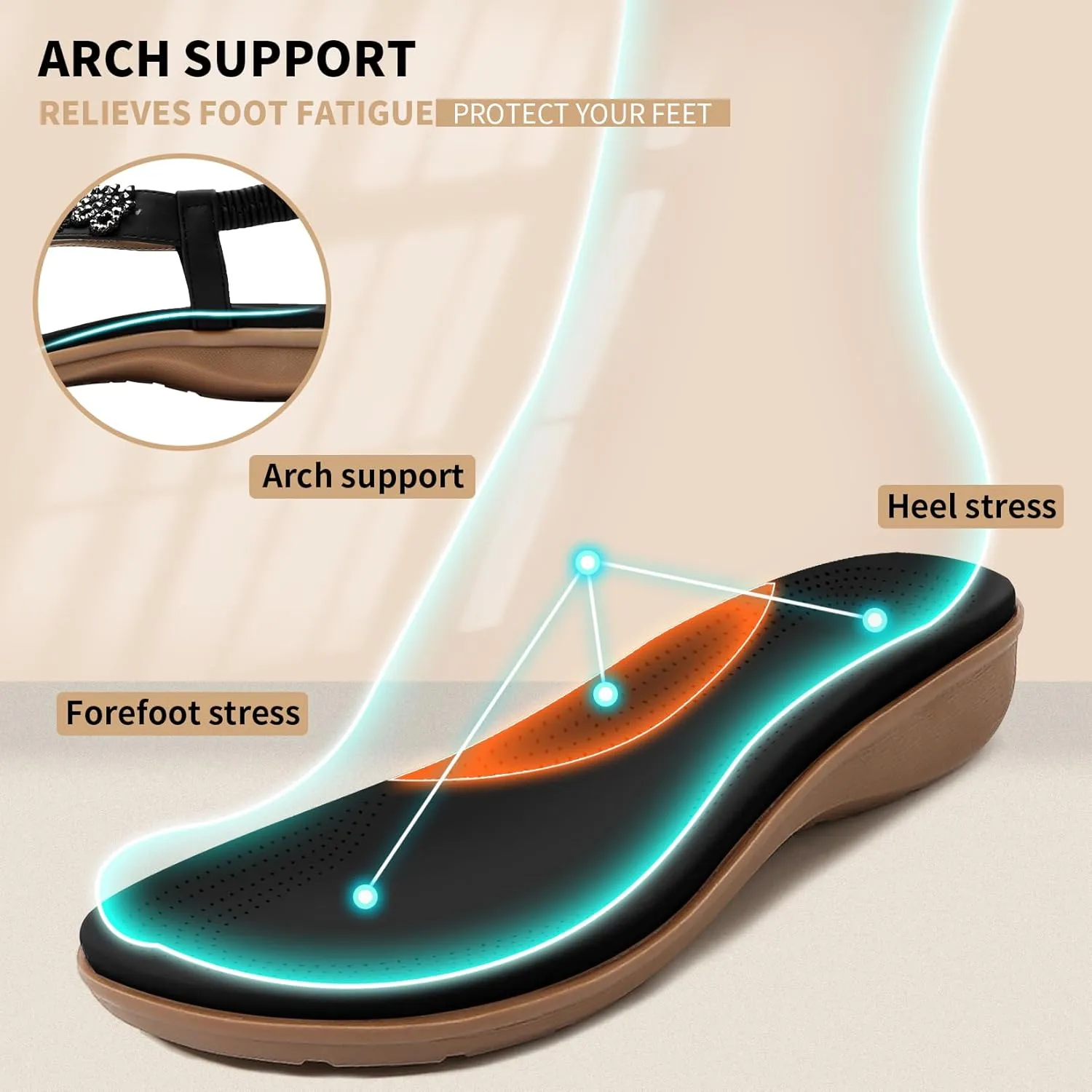 Littleplum Womens Sandals Arch Support Slingback Rhinestone Dressy Sandals Comfort Summer Shoes Ankle Strap Elastic Flats for Beach Walking