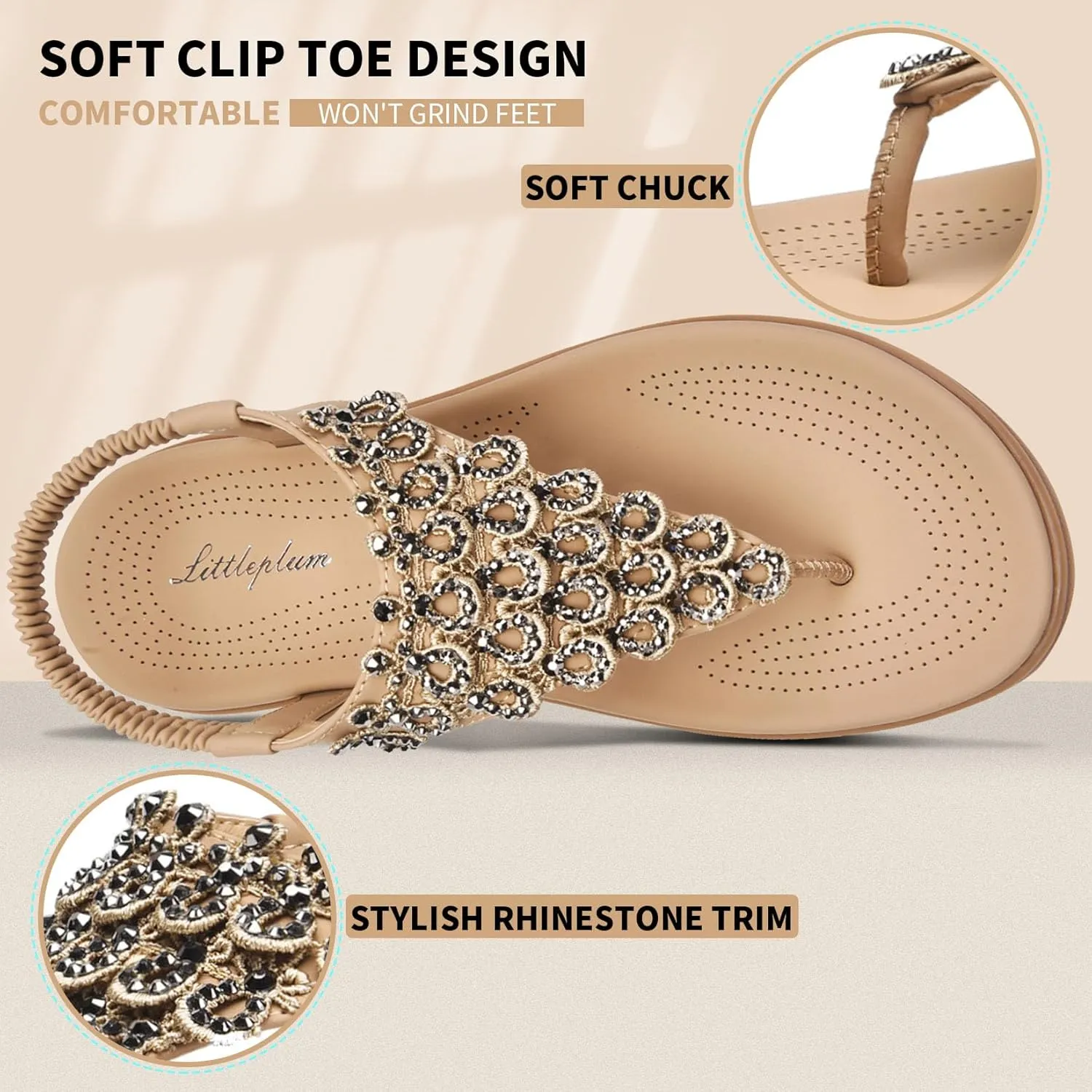Littleplum Womens Sandals Arch Support Slingback Rhinestone Dressy Sandals Comfort Summer Shoes Ankle Strap Elastic Flats for Beach Walking