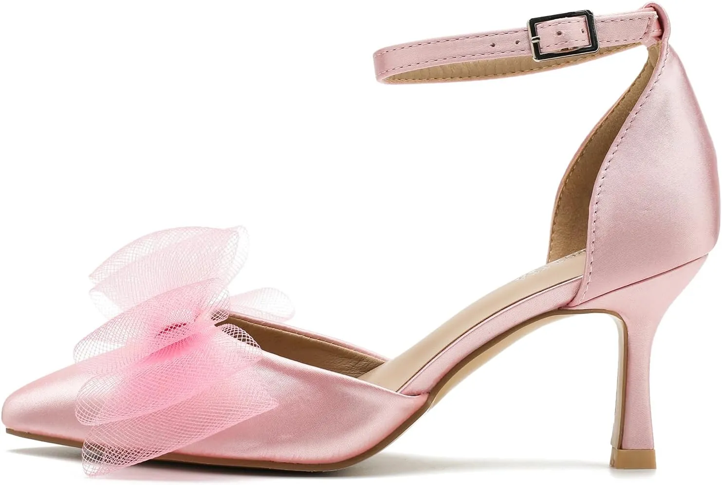 LIURUIJIA Women's Closed Toe Bow Heels Ankle Strap Pointed Toe Satin Low Heel Pumps Comfortable Wedding Bridal Party Prom Dress Shoes
