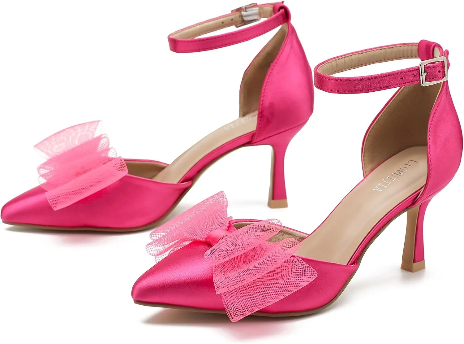 LIURUIJIA Women's Closed Toe Bow Heels Ankle Strap Pointed Toe Satin Low Heel Pumps Comfortable Wedding Bridal Party Prom Dress Shoes