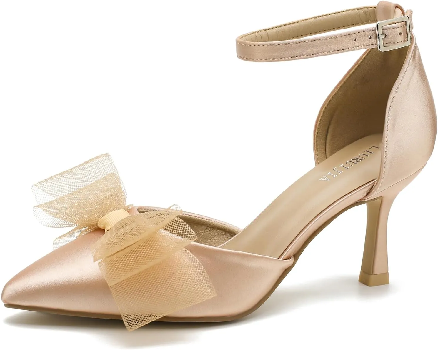 LIURUIJIA Women's Closed Toe Bow Heels Ankle Strap Pointed Toe Satin Low Heel Pumps Comfortable Wedding Bridal Party Prom Dress Shoes