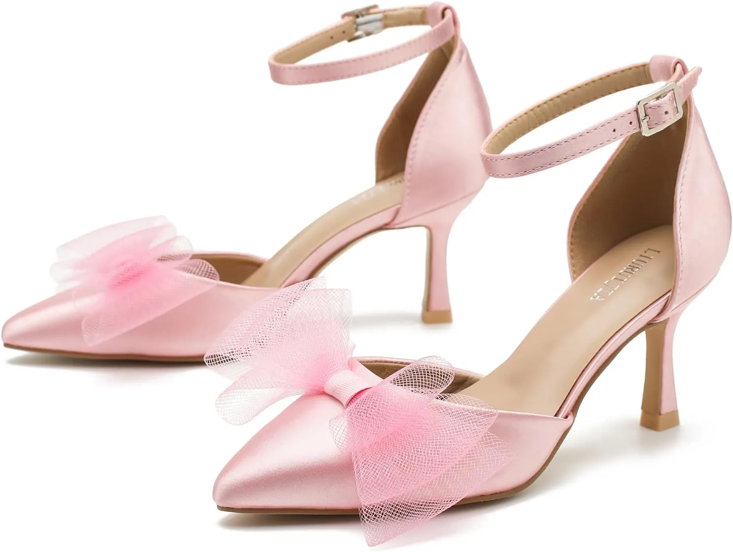 LIURUIJIA Women's Closed Toe Bow Heels Ankle Strap Pointed Toe Satin Low Heel Pumps Comfortable Wedding Bridal Party Prom Dress Shoes