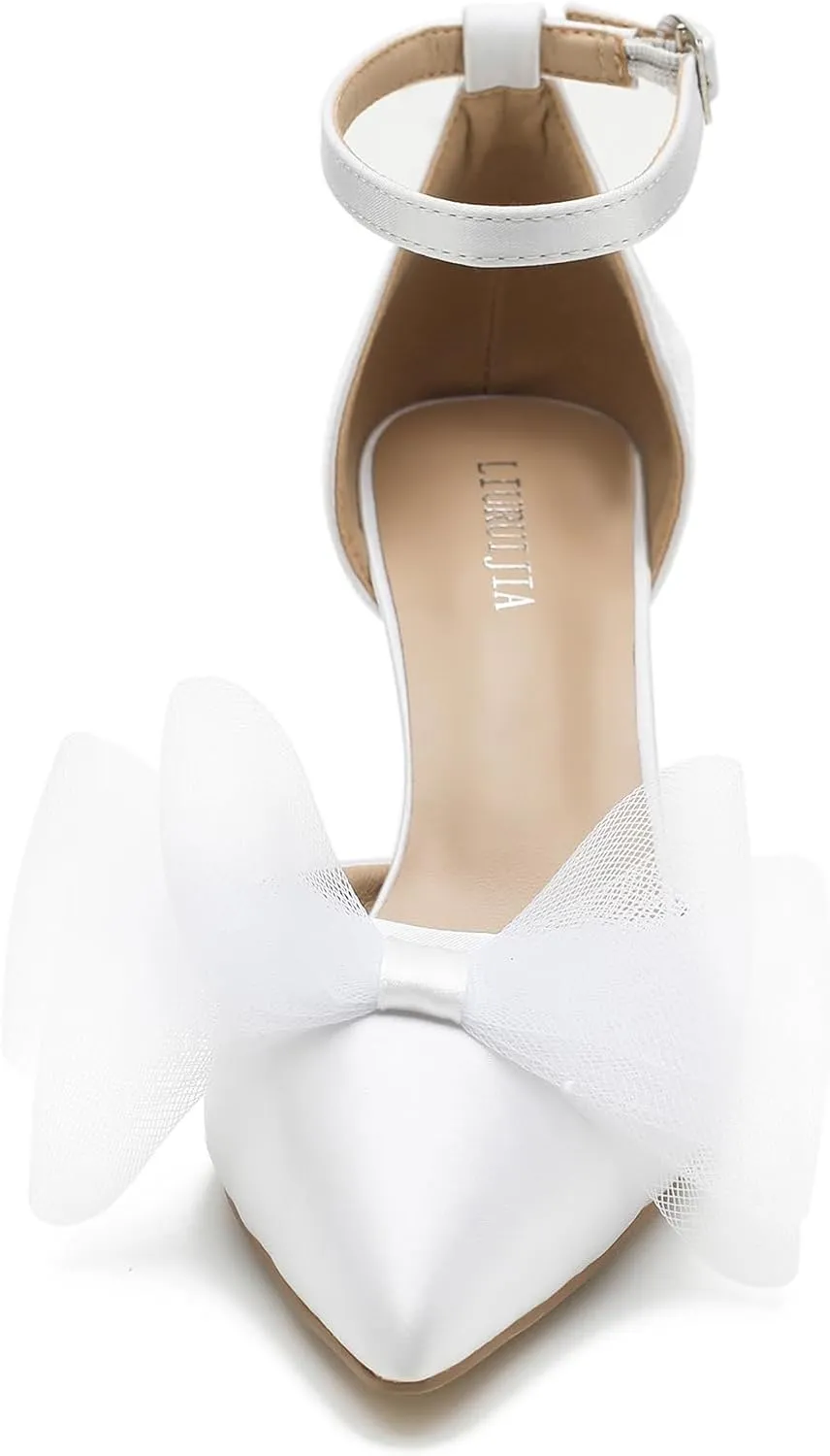 LIURUIJIA Women's Closed Toe Bow Heels Ankle Strap Pointed Toe Satin Low Heel Pumps Comfortable Wedding Bridal Party Prom Dress Shoes