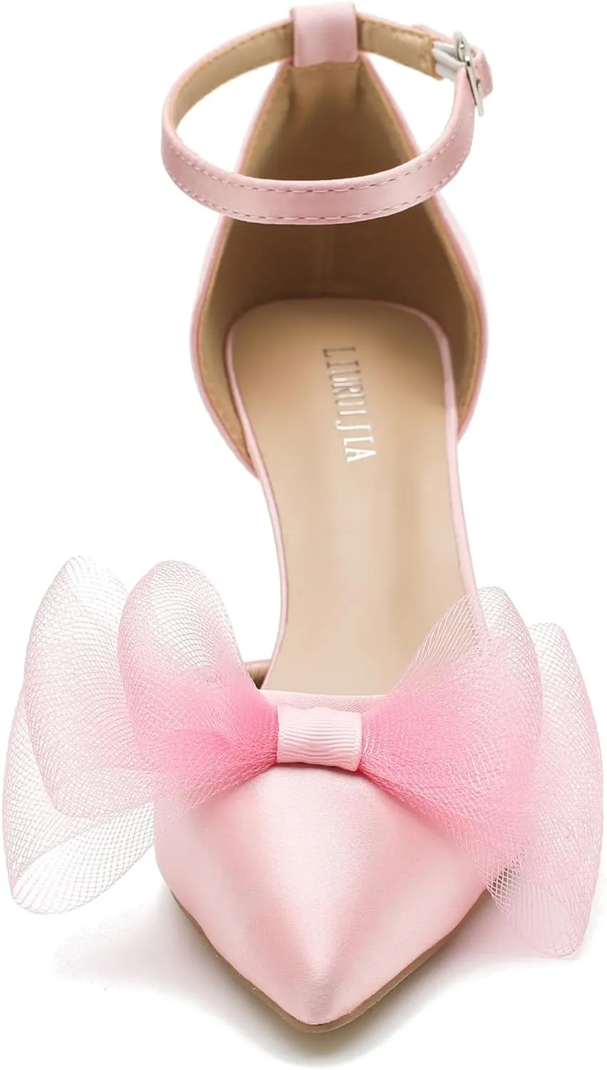 LIURUIJIA Women's Closed Toe Bow Heels Ankle Strap Pointed Toe Satin Low Heel Pumps Comfortable Wedding Bridal Party Prom Dress Shoes