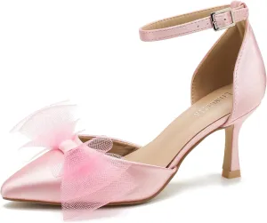 LIURUIJIA Women's Closed Toe Bow Heels Ankle Strap Pointed Toe Satin Low Heel Pumps Comfortable Wedding Bridal Party Prom Dress Shoes