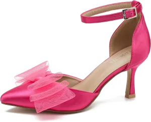 LIURUIJIA Women's Closed Toe Bow Heels Ankle Strap Pointed Toe Satin Low Heel Pumps Comfortable Wedding Bridal Party Prom Dress Shoes