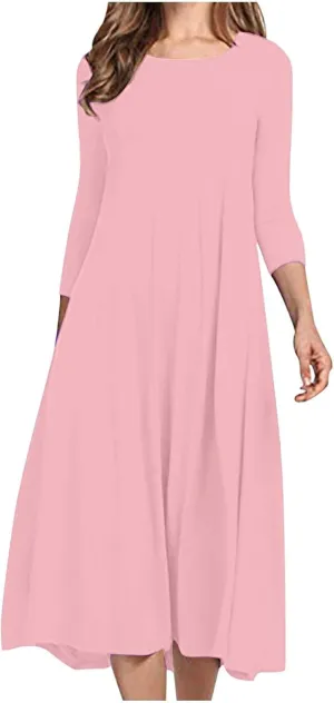 Long Dresses for Women Casual Plus Size Solid 3/4 Sleeve Loose Fit Ruffle Flowy Maxi Dress Fall Outfits Clothes 2024
