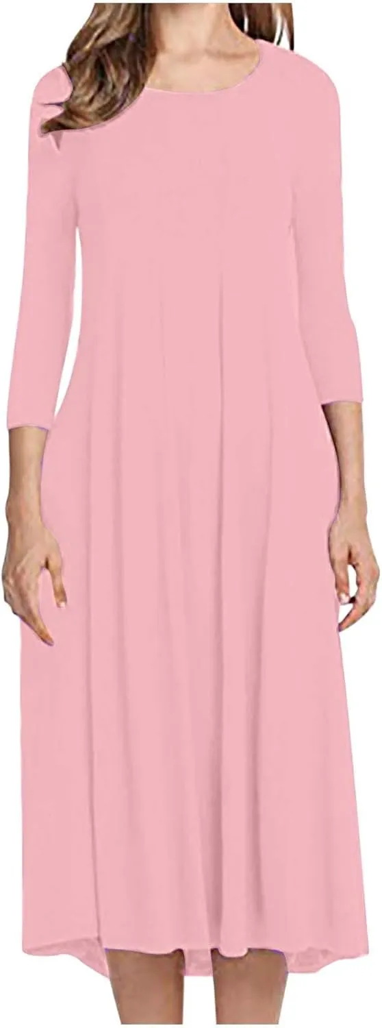 Long Dresses for Women Casual Plus Size Solid 3/4 Sleeve Loose Fit Ruffle Flowy Maxi Dress Fall Outfits Clothes 2024