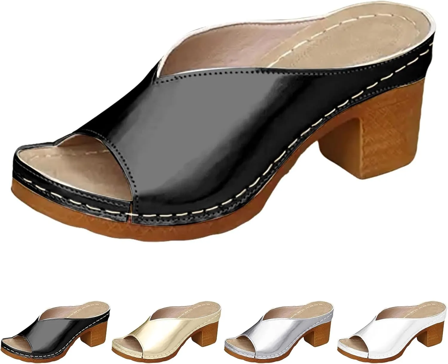 Low Chunky Heels for Women Comfortable Open Toe Sandals Slip on Fashion Wedding Party Dress Shoes Casual Summer Classic Colors Block Slippers