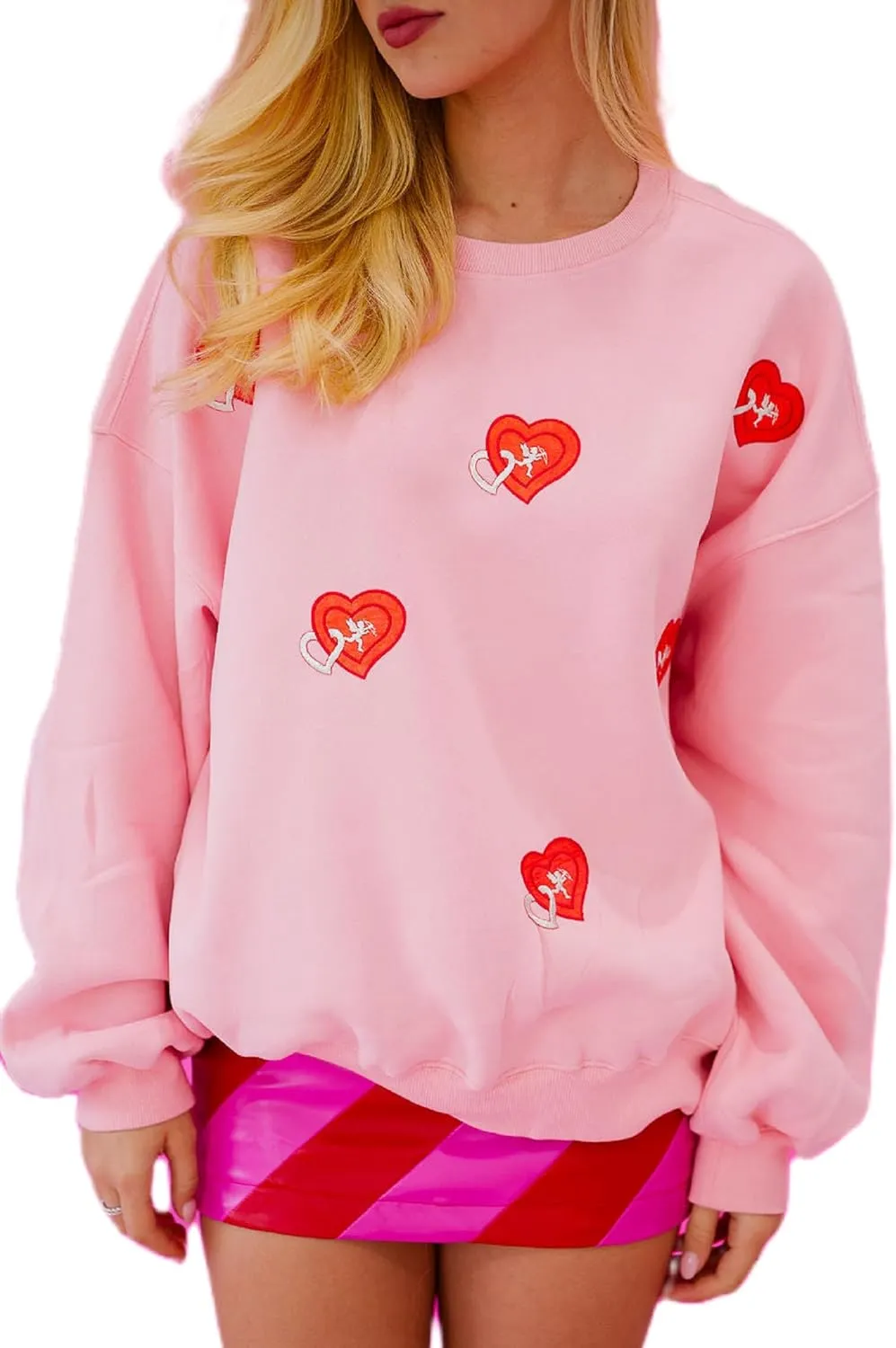 Luckinbaby Women's Cute Heart Sweatshirts Sequin Patch Romantic Love Valentines Shirt Long Sleeve Pullovers Oversized Tops