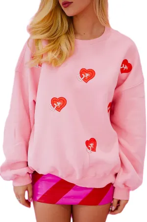 Luckinbaby Women's Cute Heart Sweatshirts Sequin Patch Romantic Love Valentines Shirt Long Sleeve Pullovers Oversized Tops