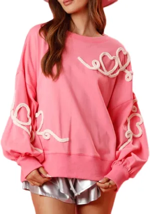 Luckinbaby Women's Cute Heart Sweatshirts Sequin Patch Romantic Love Valentines Shirt Long Sleeve Pullovers Oversized Tops