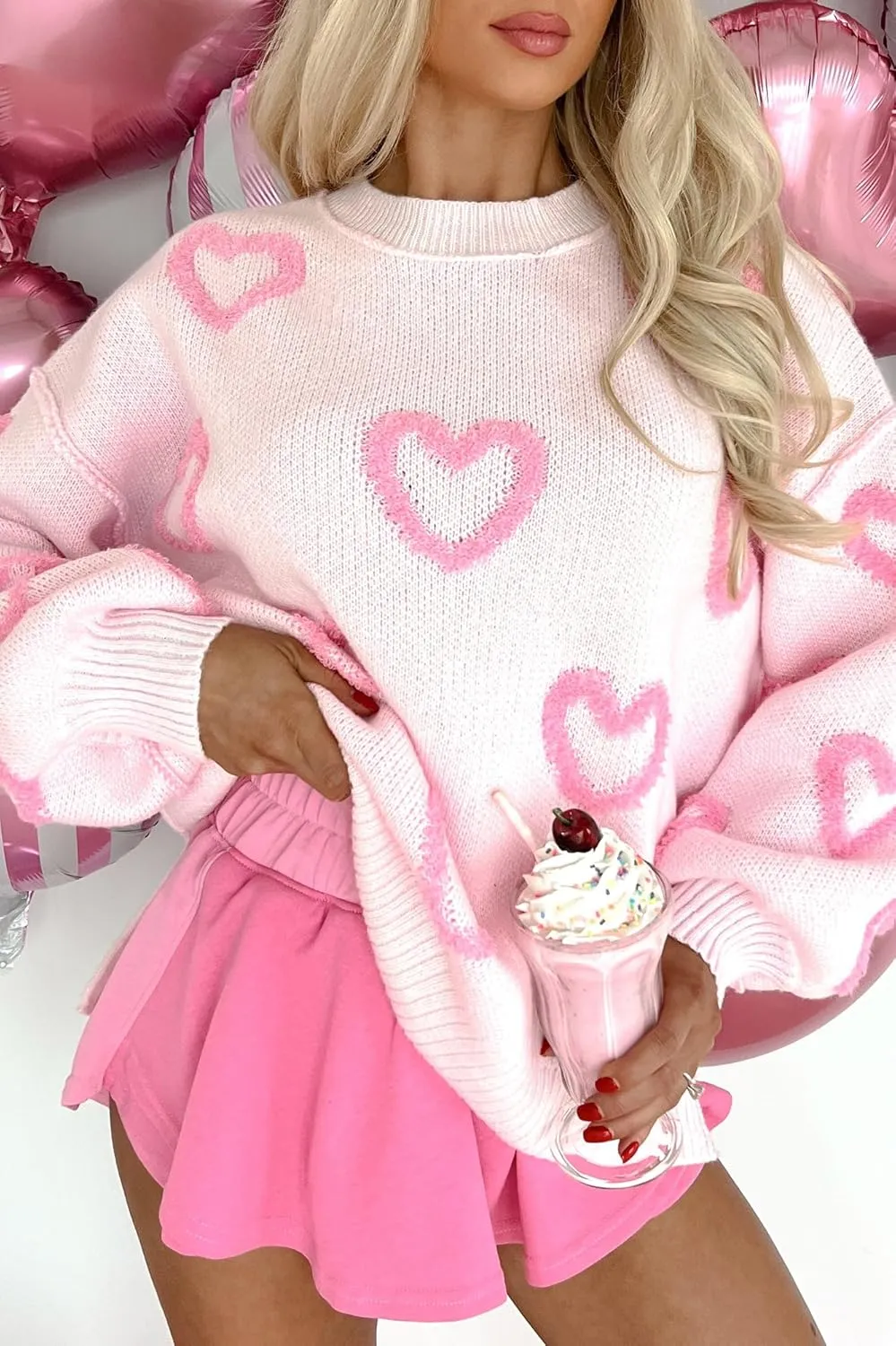 Luckinbaby Women's Cute Heart Sweatshirts Sequin Patch Romantic Love Valentines Shirt Long Sleeve Pullovers Oversized Tops