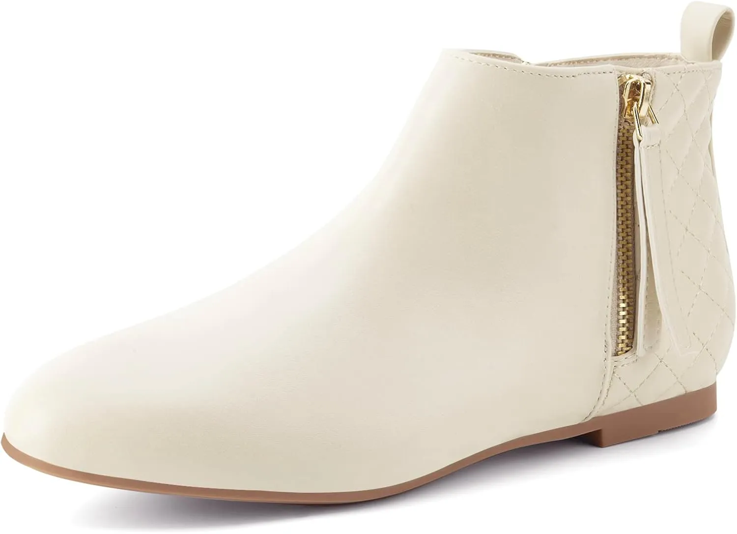 MaxMuxun Women's Ankle Boots Flat Low Heel Booties Ladies Quilted Fall Winter Fashion Boots with Side Zipper off white Size 10