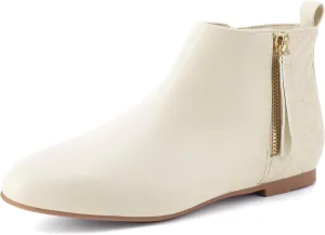 MaxMuxun Women's Ankle Boots Flat Low Heel Booties Ladies Quilted Fall Winter Fashion Boots with Side Zipper off white Size 10