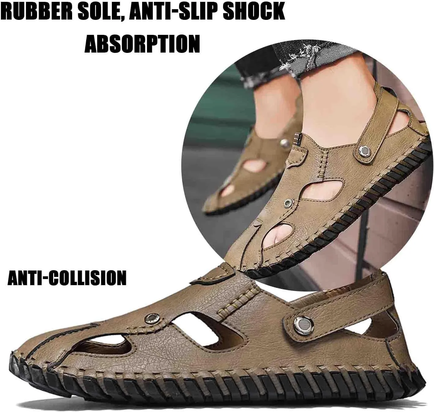 MEBAMY Men Leather Sandals Breathable Closed-Toe Summer Beach Classic Hiking Shoes