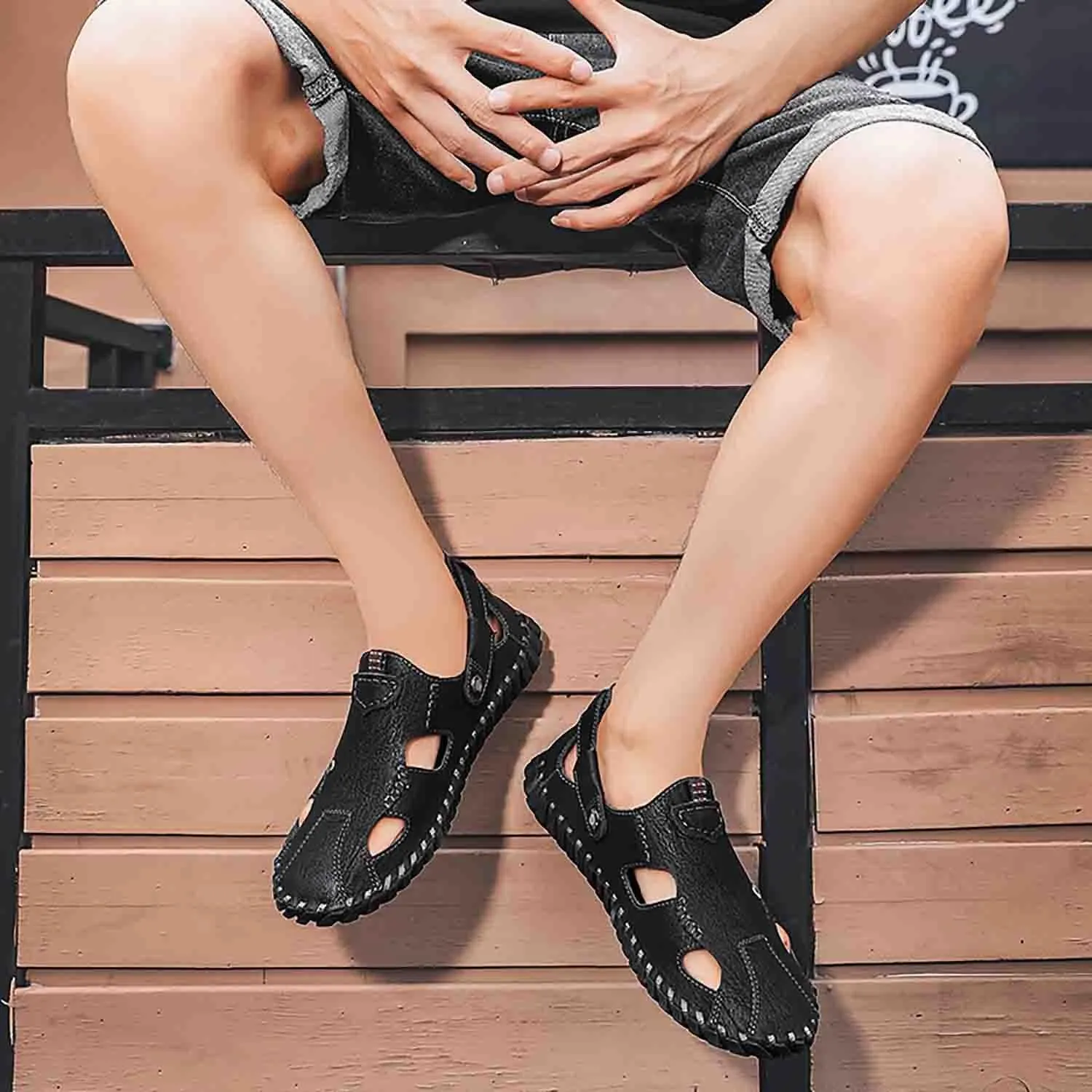 MEBAMY Men Leather Sandals Breathable Closed-Toe Summer Beach Classic Hiking Shoes