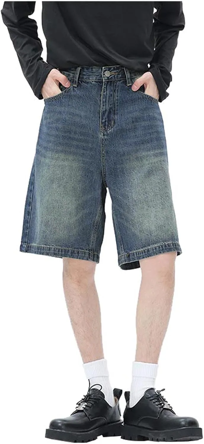 Mens Baggy Denim Jorts Y2K Vintage Loose Hip Hop Jean Shorts Wide Leg Long Jeans Trendy Outfits