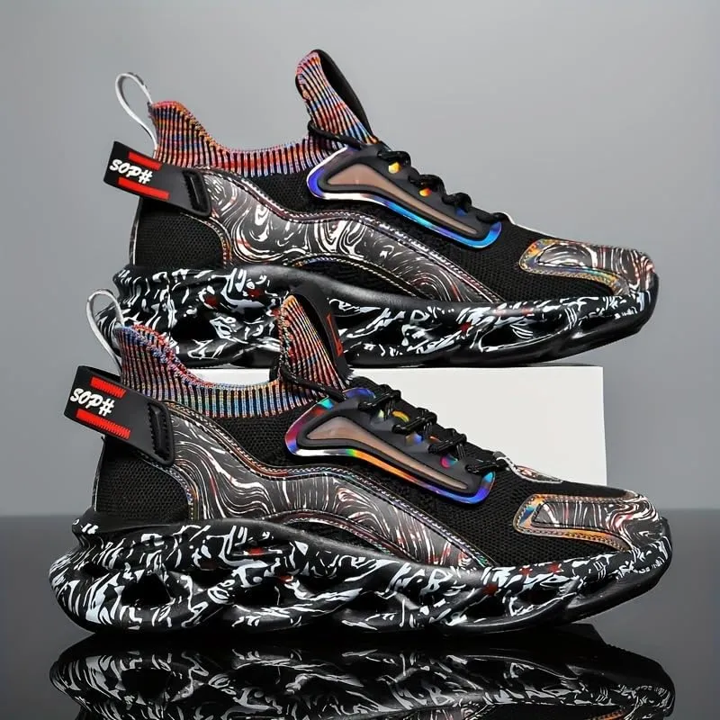 Men’s Breathable Running Shoes with Iridescent Graffiti Design – Low-Top Lace-Up Sneakers for Outdoor Workouts, Travel & Casual Wear | PU/Fabric Upper, Rubber Sole