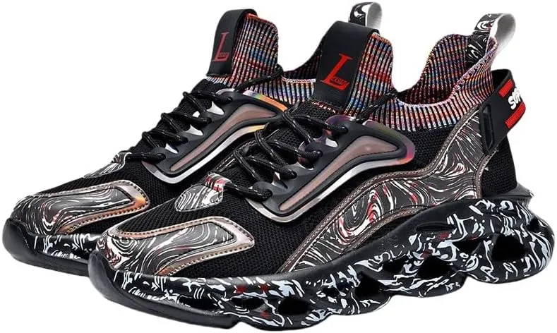 Men’s Breathable Running Shoes with Iridescent Graffiti Design – Low-Top Lace-Up Sneakers for Outdoor Workouts, Travel & Casual Wear | PU/Fabric Upper, Rubber Sole