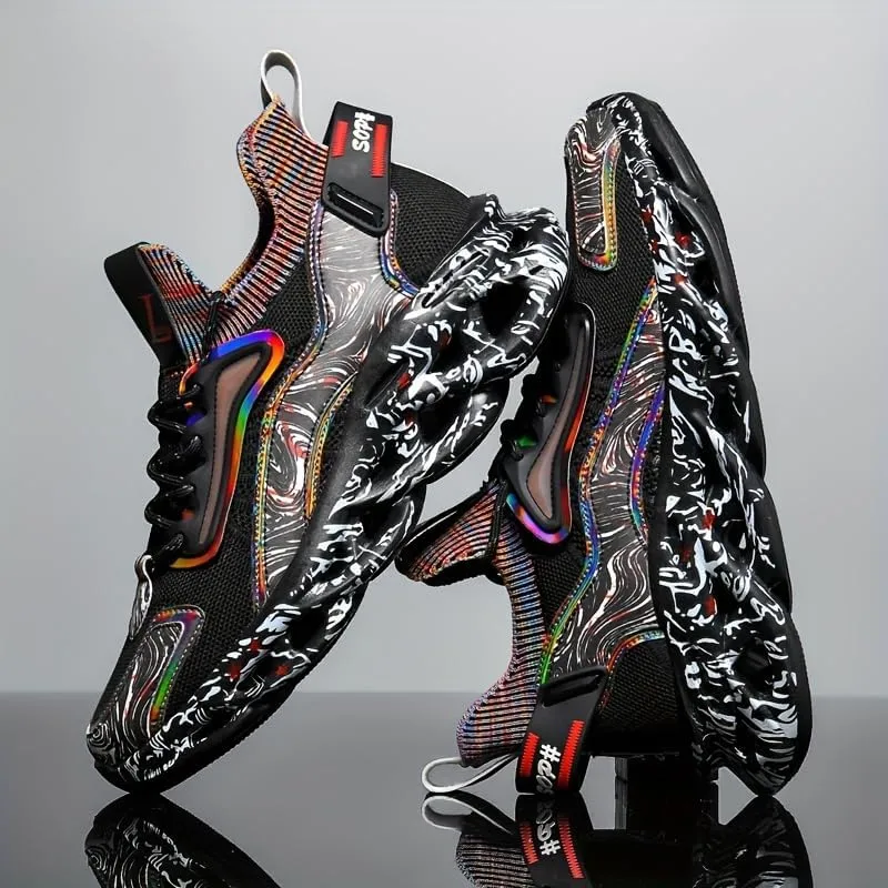 Men’s Breathable Running Shoes with Iridescent Graffiti Design – Low-Top Lace-Up Sneakers for Outdoor Workouts, Travel & Casual Wear | PU/Fabric Upper, Rubber Sole