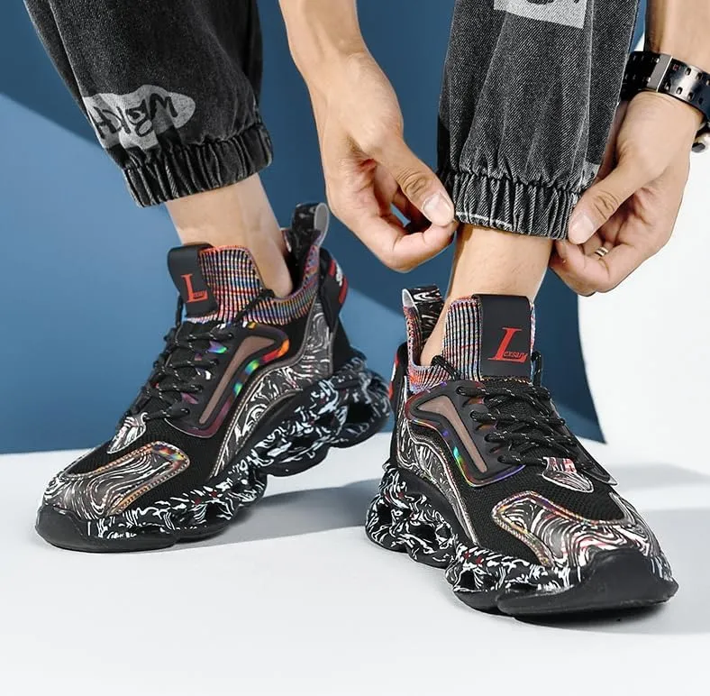 Men’s Breathable Running Shoes with Iridescent Graffiti Design – Low-Top Lace-Up Sneakers for Outdoor Workouts, Travel & Casual Wear | PU/Fabric Upper, Rubber Sole