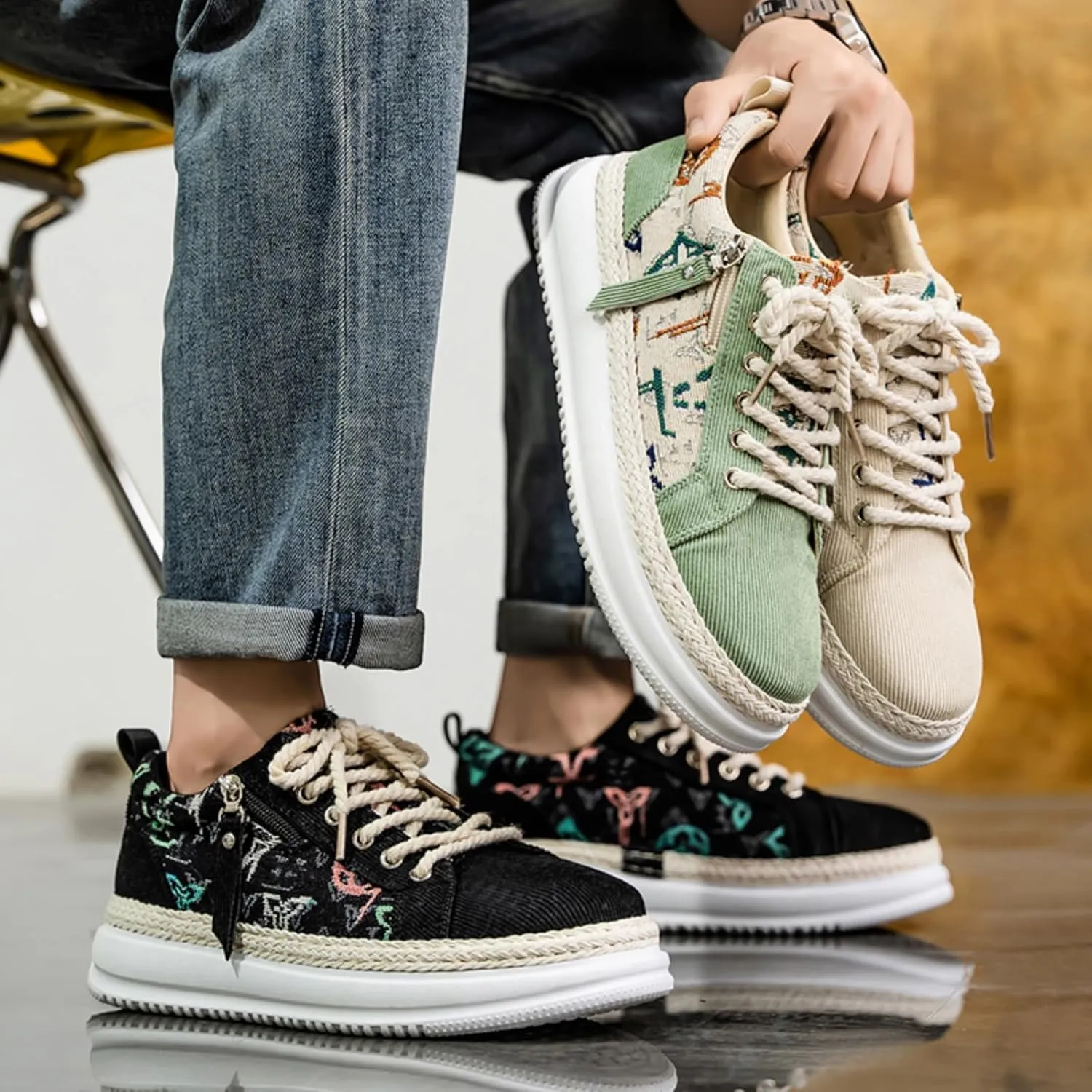 Men's Canvas Sneakers with Contrast Stitching & Adjustable Lace-Up - Side Zipper Closure & Breathable Mesh Lining for Urban Exploration