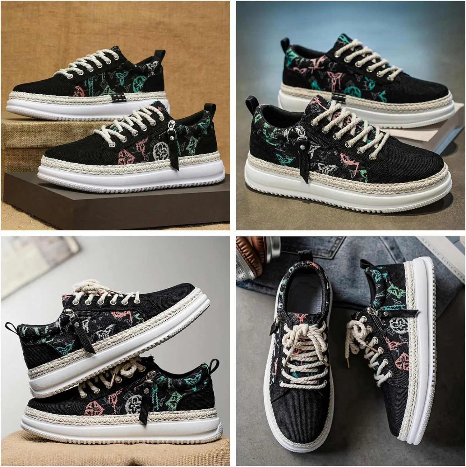 Men's Canvas Sneakers with Contrast Stitching & Adjustable Lace-Up - Side Zipper Closure & Breathable Mesh Lining for Urban Exploration