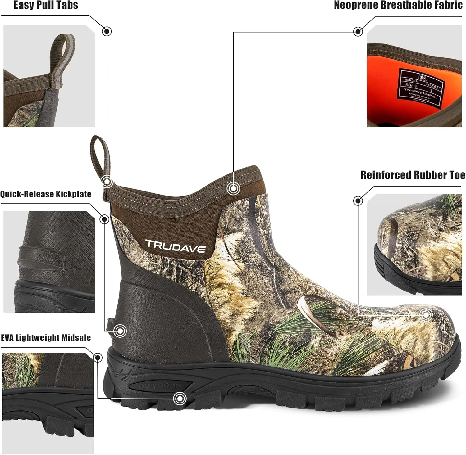 Men's Rain Boots Waterproof Garden Shoes, Ankle Rubber Work Boots, Camp Outdoor Snow Mud Boots for Farming, Hunting, Lawn Work, Size 7-14