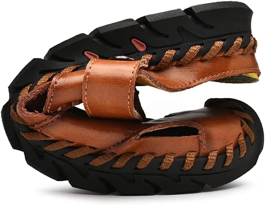 Mens Sandals Leather Closed Toe Outdoor Summer Anti-Slip Beach Sandals