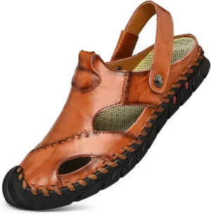 Mens Sandals Leather Closed Toe Outdoor Summer Anti-Slip Beach Sandals