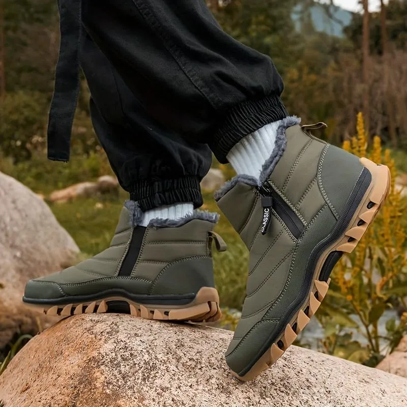 Men's Slip On Snow Boots with Warm Plush Lining, Comfy Non Slip Durable Thermal Side Zipper Design Shoes, Men's Winter Footwear