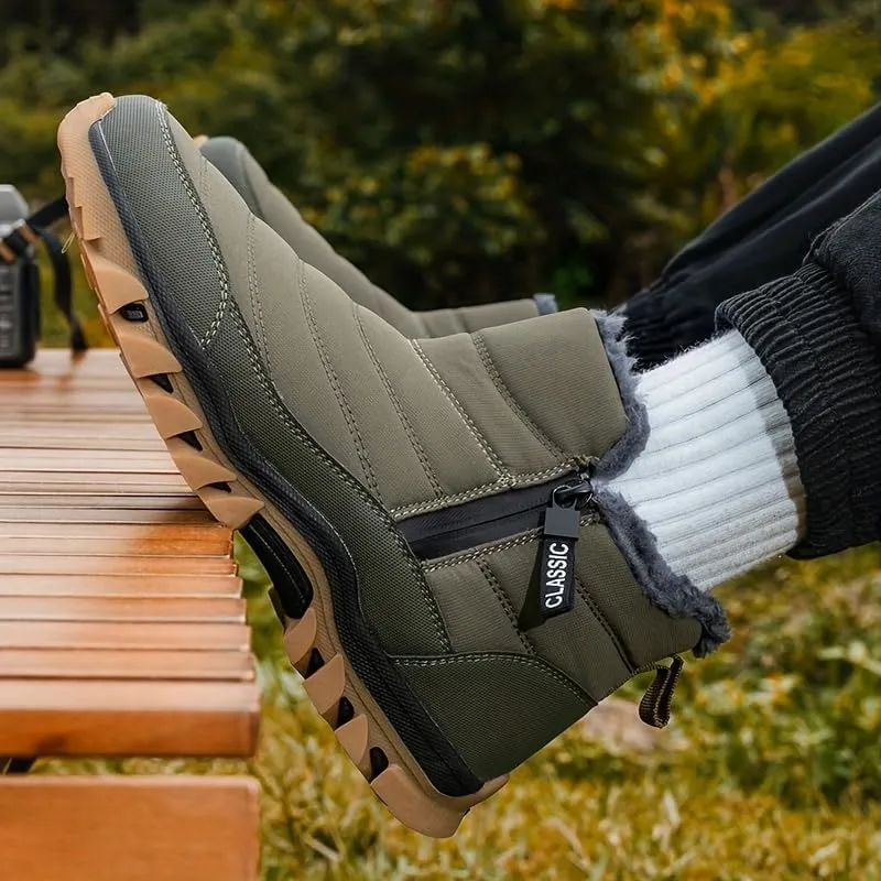 Men's Slip On Snow Boots with Warm Plush Lining, Comfy Non Slip Durable Thermal Side Zipper Design Shoes, Men's Winter Footwear