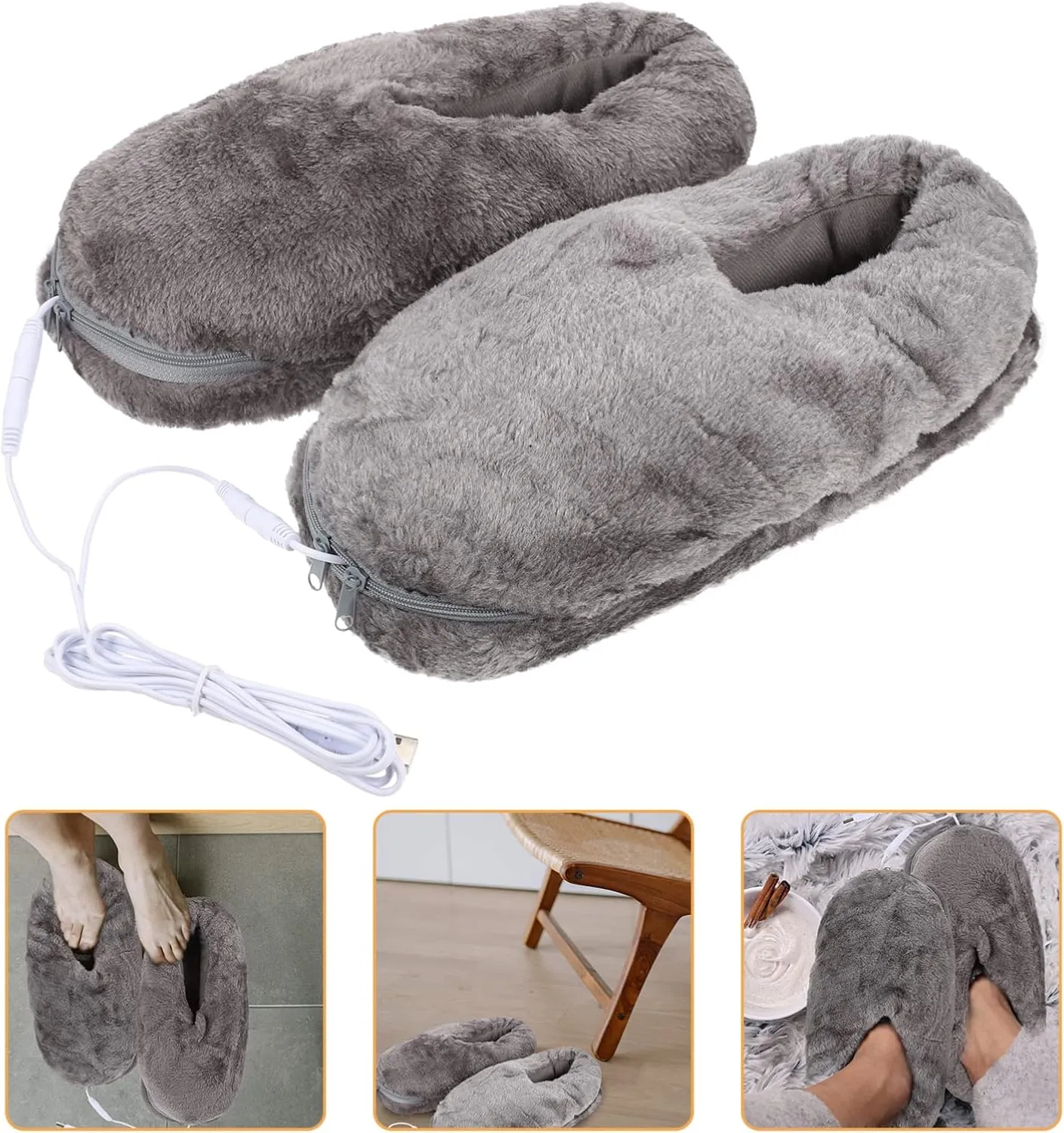 Mens Slippers Electric Heated Foot Warmers: Fluffy Thick Plush Foot Heater Winter USB Rechargeable Thermal Heating Pad Cushion Heat Feet Warmer Boots Shoes Slippers