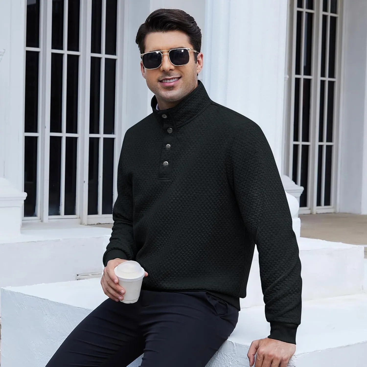 Men's Sweatshirt Quilted Mens Sweater Quarter Button Pullover Sweater Knit Long Sleeve Stand Collar Warm Lightweight