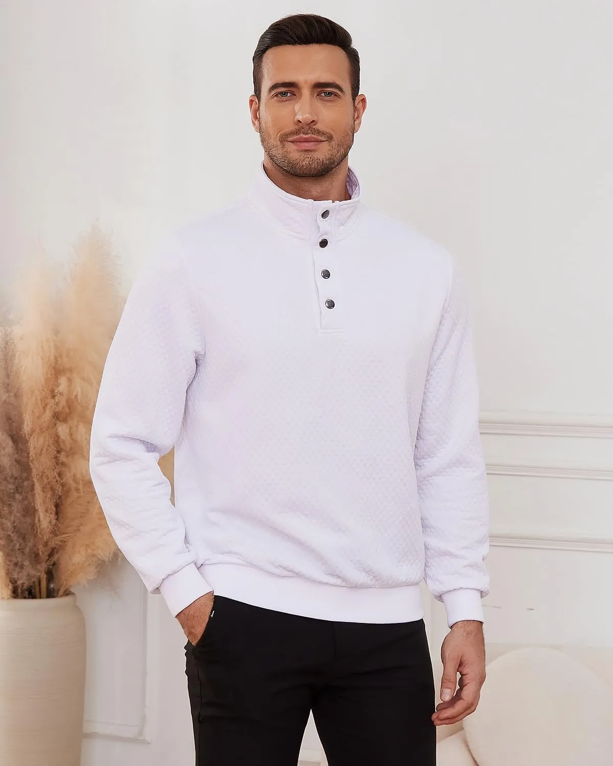 Men's Sweatshirt Quilted Mens Sweater Quarter Button Pullover Sweater Knit Long Sleeve Stand Collar Warm Lightweight