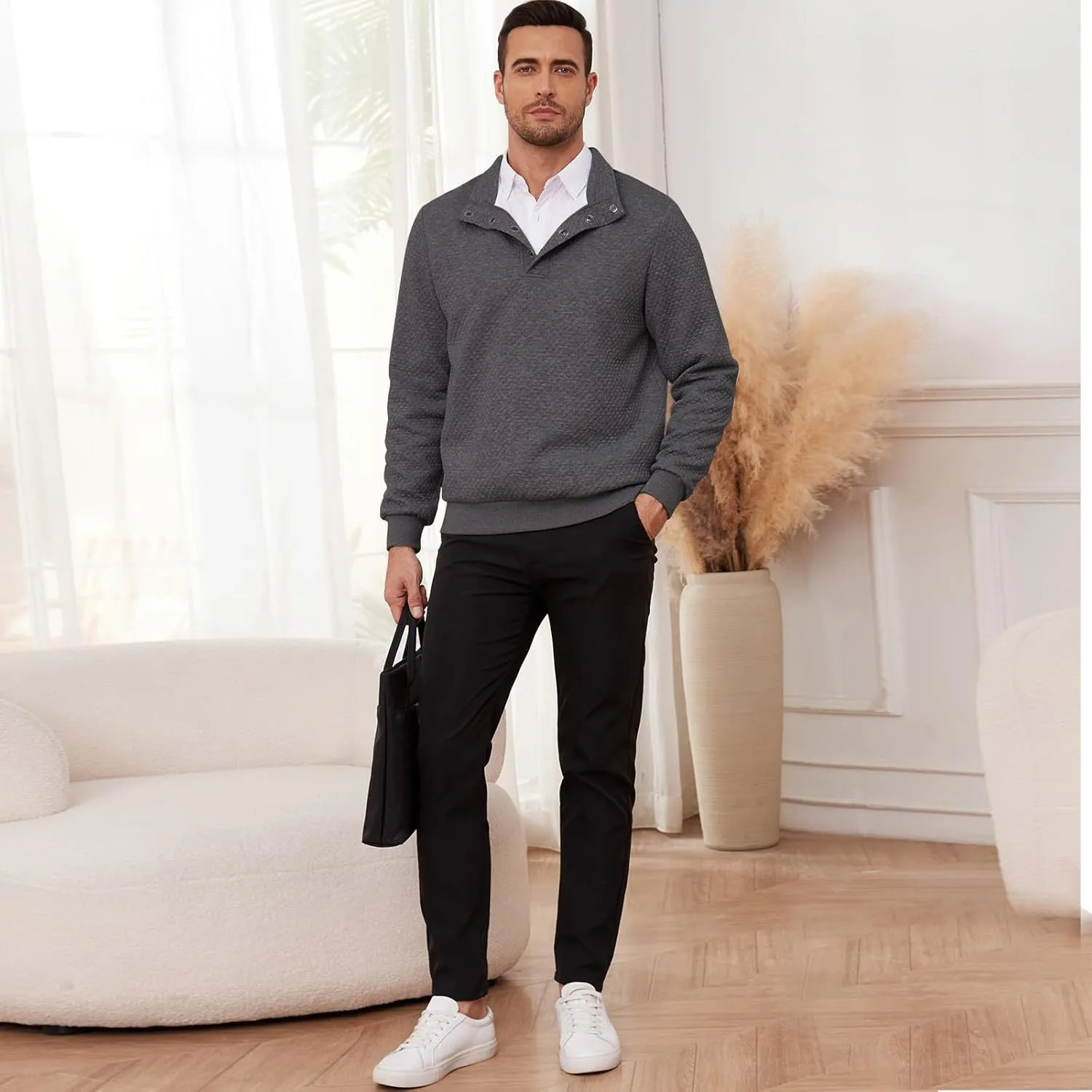 Men's Sweatshirt Quilted Mens Sweater Quarter Button Pullover Sweater Knit Long Sleeve Stand Collar Warm Lightweight