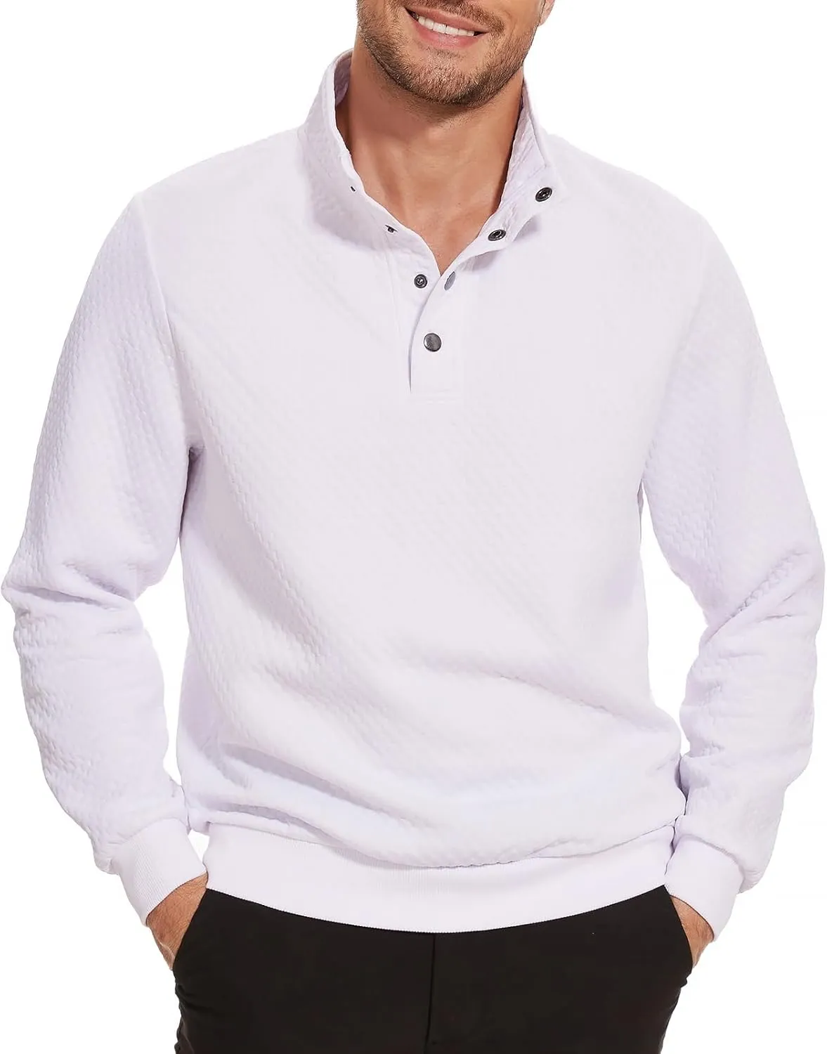 Men's Sweatshirt Quilted Mens Sweater Quarter Button Pullover Sweater Knit Long Sleeve Stand Collar Warm Lightweight
