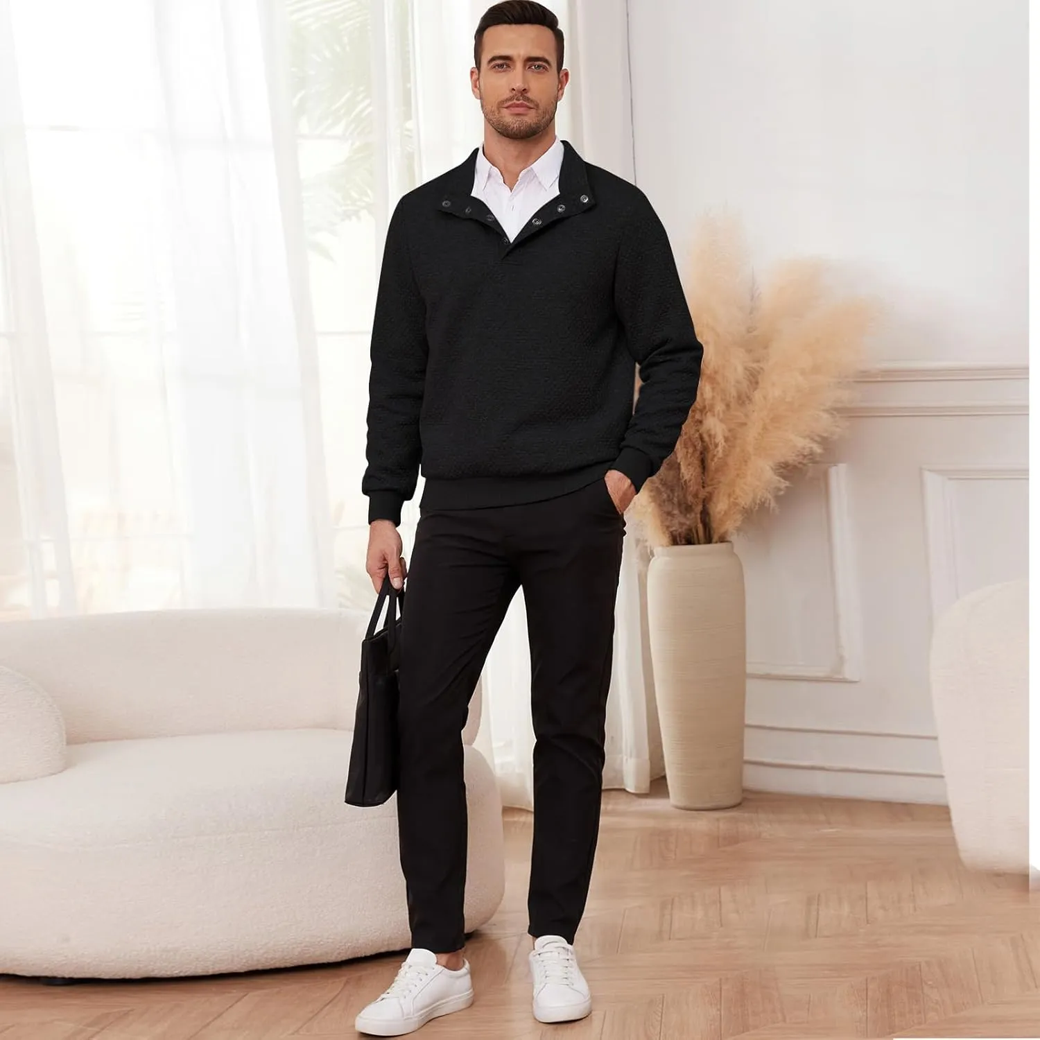 Men's Sweatshirt Quilted Mens Sweater Quarter Button Pullover Sweater Knit Long Sleeve Stand Collar Warm Lightweight