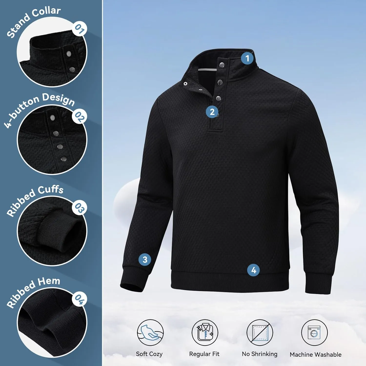 Men's Sweatshirt Quilted Mens Sweater Quarter Button Pullover Sweater Knit Long Sleeve Stand Collar Warm Lightweight
