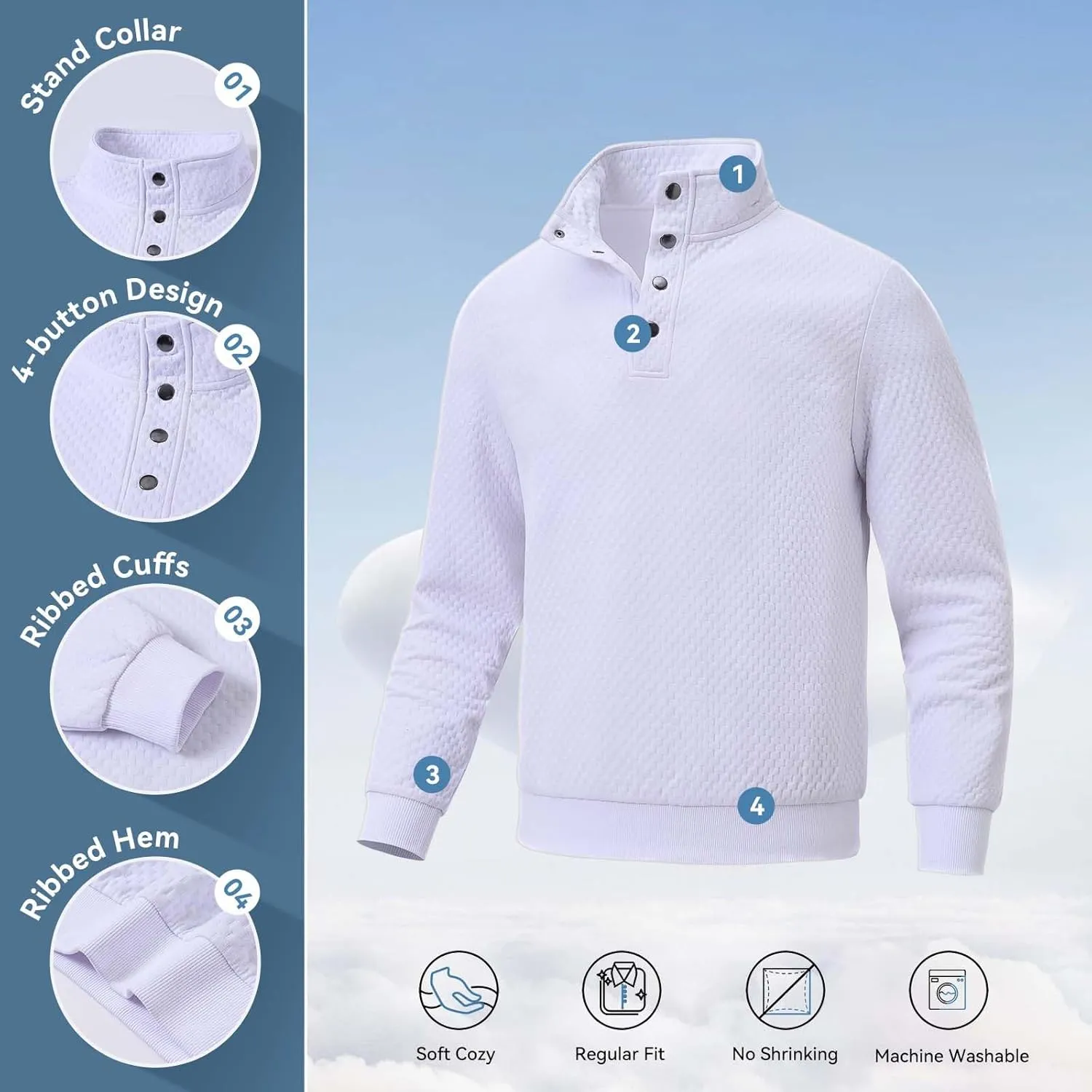 Men's Sweatshirt Quilted Mens Sweater Quarter Button Pullover Sweater Knit Long Sleeve Stand Collar Warm Lightweight