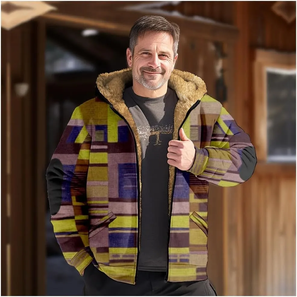 Mens Vintage Fleece Jacket Sherpa Lined Winter Coats Fall Winter Puffer Jacket Windproof Casual Hoodies with Pocket