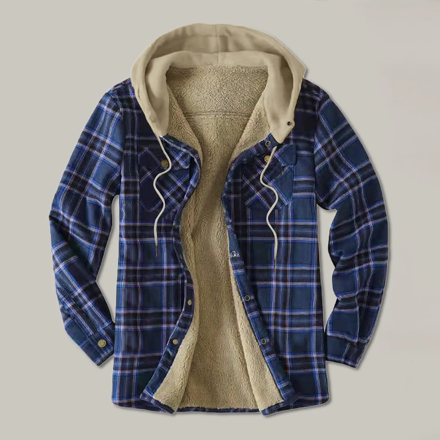 Mens Warm Fleece Sherpa Lined Plaid Flannel Hooded Shirt Jacket Outdoor Casual Thermal Button Up Winter Work Coat