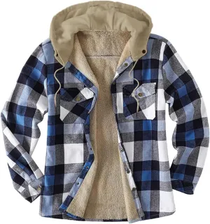 Mens Warm Fleece Sherpa Lined Plaid Flannel Hooded Shirt Jacket Outdoor Casual Thermal Button Up Winter Work Coat
