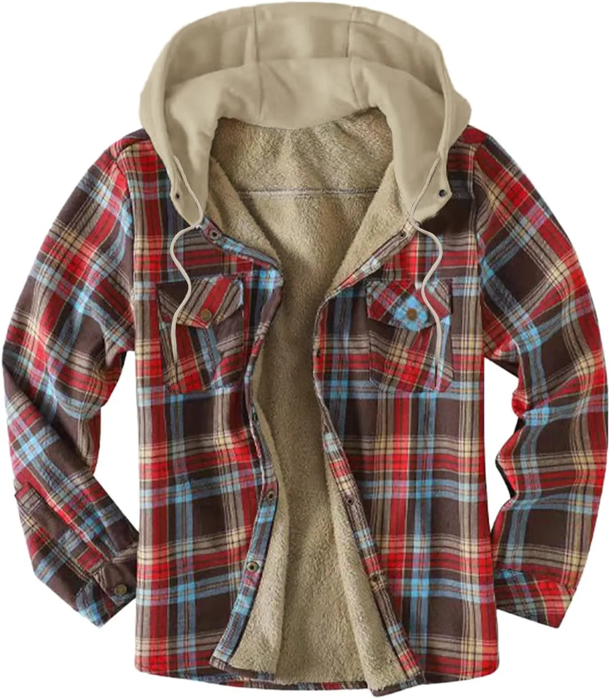 Mens Warm Fleece Sherpa Lined Plaid Flannel Hooded Shirt Jacket Outdoor Casual Thermal Button Up Winter Work Coat