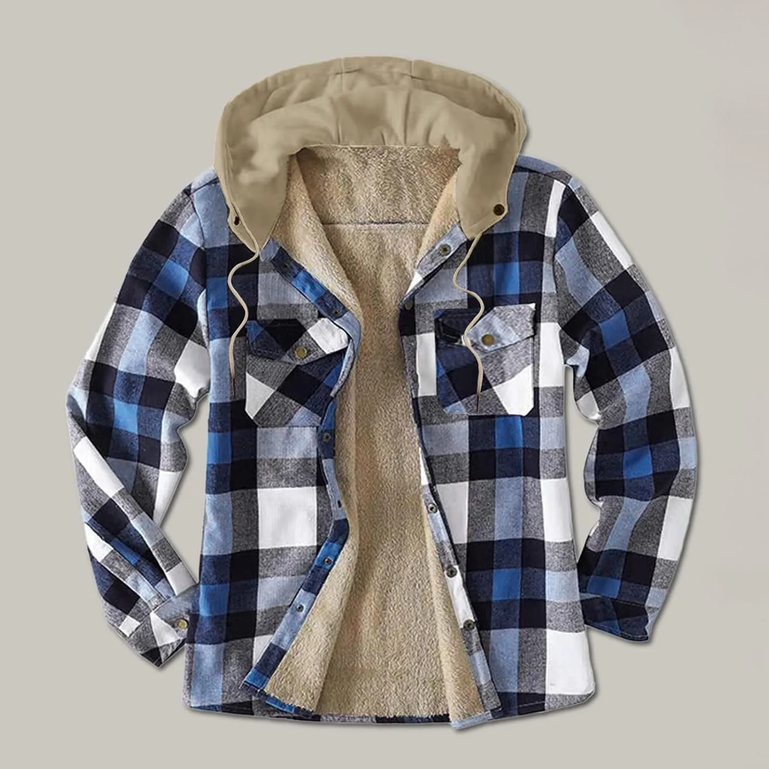 Mens Warm Fleece Sherpa Lined Plaid Flannel Hooded Shirt Jacket Outdoor Casual Thermal Button Up Winter Work Coat