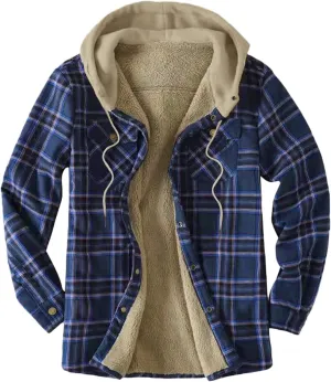 Mens Warm Fleece Sherpa Lined Plaid Flannel Hooded Shirt Jacket Outdoor Casual Thermal Button Up Winter Work Coat