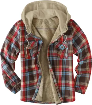 Mens Warm Fleece Sherpa Lined Plaid Flannel Hooded Shirt Jacket Outdoor Casual Thermal Button Up Winter Work Coat
