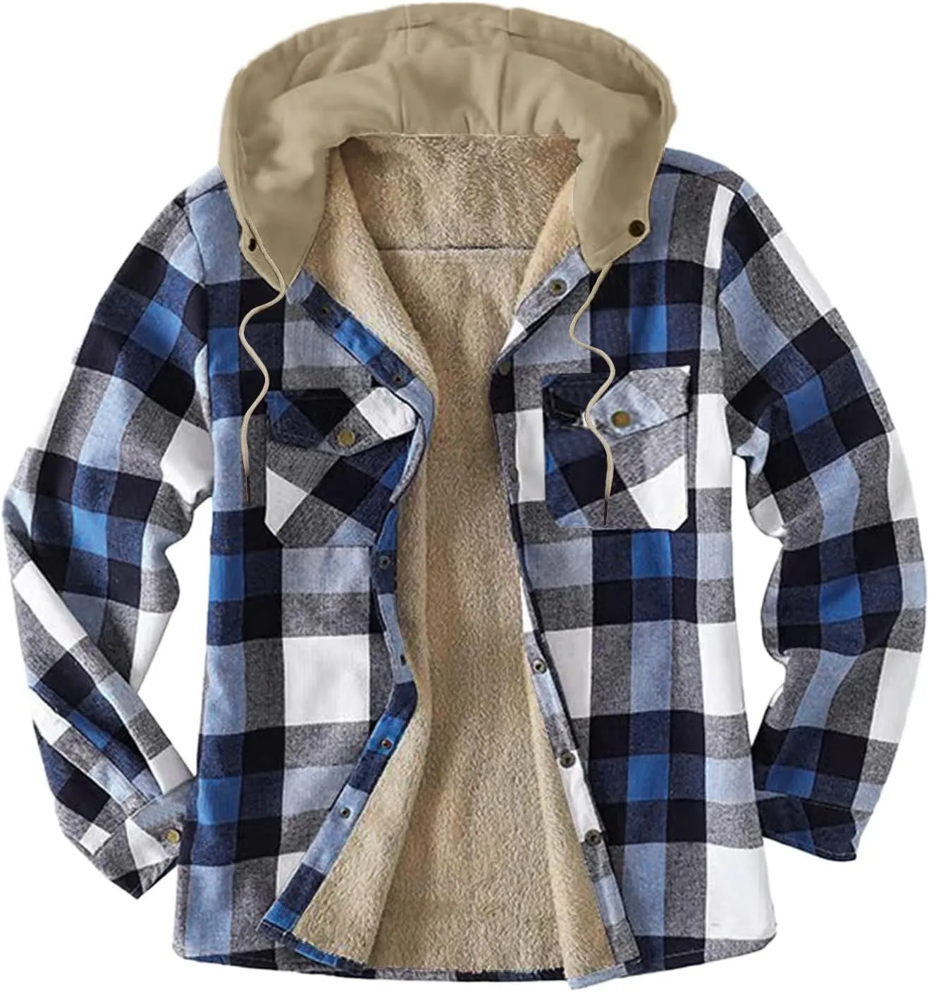 Mens Warm Fleece Sherpa Lined Plaid Flannel Hooded Shirt Jacket Outdoor Casual Thermal Button Up Winter Work Coat